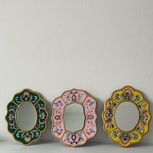 Peruvian Artisan Vibrant Mirror Trio -‎ Green, Pink, Yellow Wood 9 inch